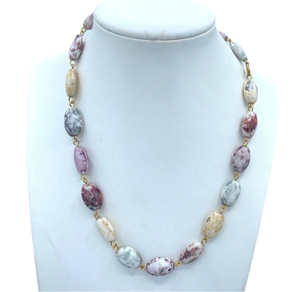 Glazed Ceramic beads pastel Colors hand wired gold tone necklace